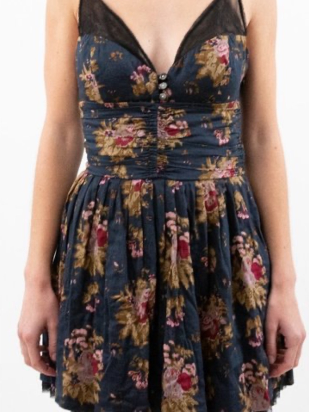 Free People Fox Navy Floral Mini Dress with Pink and Gold Accents
